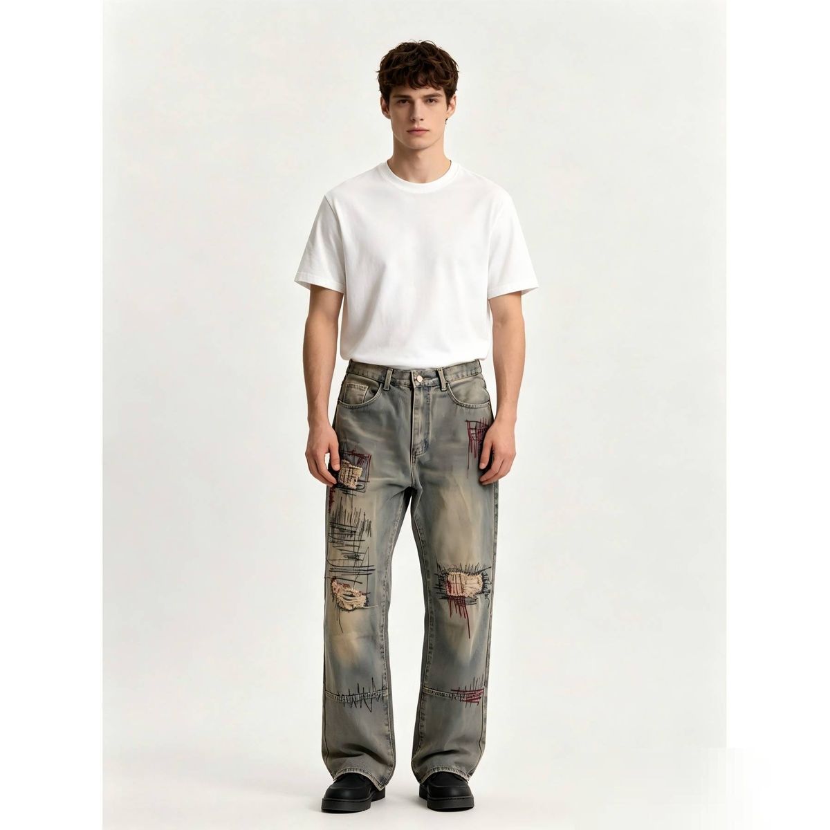 Men's Clothing Trendy High Street Style Jeans Distressed Graffiti Print Loose Straight Leg Pants_mkmklike.com