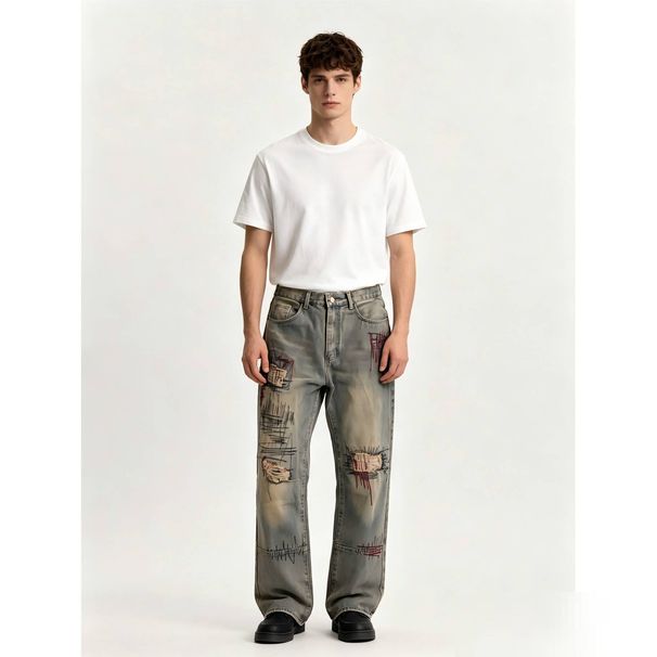 Men's Clothing Trendy High Street Style Jeans Distressed Graffiti Print Loose Straight Leg Pants_mkmklike.com