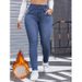 Women's Clothing Women's Stretchy High-Waisted Fleece-Lined Skinny Jeans - Classic Blue Washed Denim Pants For Winter Comfort_mkmklike.com
