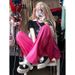 Women's Clothing Rose Red Pink Summer Loose Straight Pink High Street Retro Red Jeans Trousers Men And Women_mkmklike.com