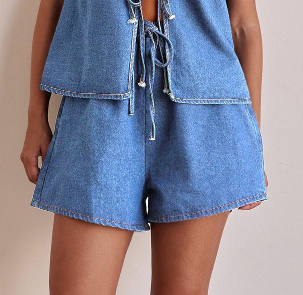 Women's Clothing Summer Fashion Casual Sleeveless Lace Up High Waist Women's Vest Denim Suit Shorts Women_mkmklike.com