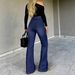 High Waisted Cross Strap Flared Jeans Dark Blue Slimming Wide Leg Women's Stylish Denim Flared Pants_mkmklike.com