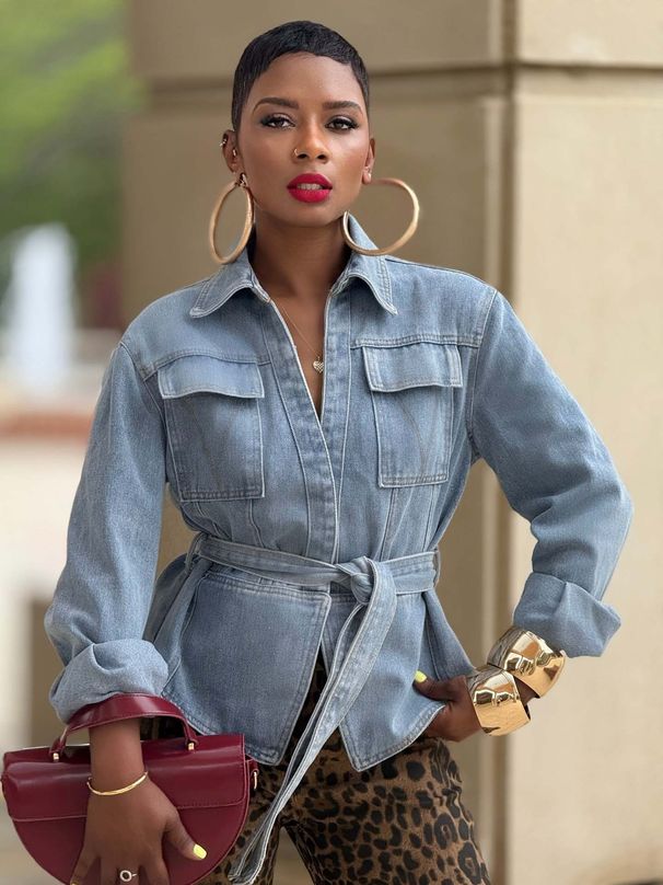 Women's Clothing Women's Casual Washed Denim Jacket With Pocket Waist Cinching Tie For Formal & Casual For Women_mkmklike.com