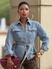 Women's Clothing Women's Casual Washed Denim Jacket With Pocket Waist Cinching Tie For Formal & Casual For Women_mkmklike.com