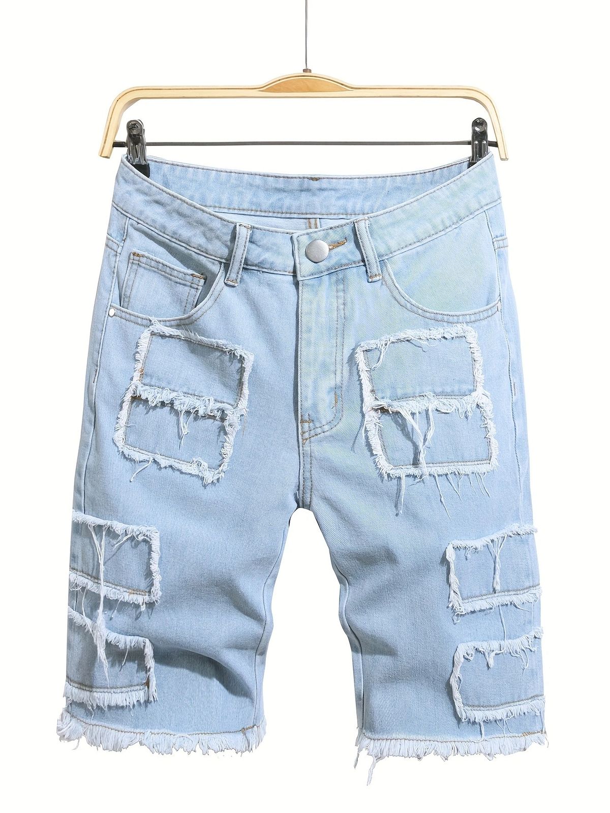 Men's Distressed Denim Shorts – Loose Fit Patchwork Casual Bermuda Shorts (Light Blue, S-2XL)_mkmklike.com