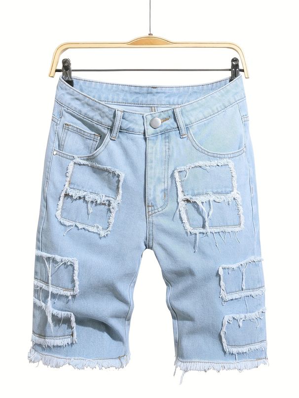 Men's Distressed Denim Shorts – Loose Fit Patchwork Casual Bermuda Shorts (Light Blue, S-2XL)_mkmklike.com