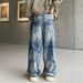 Men's Clothing Oversized Straight Leg Jeans – Streetwear Distressed Denim Pants With Hand-Painted Graffiti (S-3XL, Blue Wash, No Stretch)_mkmklike.com