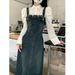 ELLE Frayed Denim Strap For Women, Spring New Vintage Design, Niche Waist-Cinching Mid-Length Dress_mkmklike.com