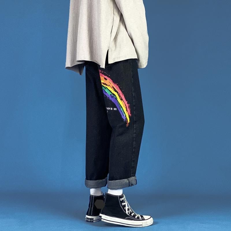 Women's Clothing High Street Printed Newspaper Jeans Women's Summer High Waist Slim Straight Loose Wide Leg Trousers_mkmklike.com