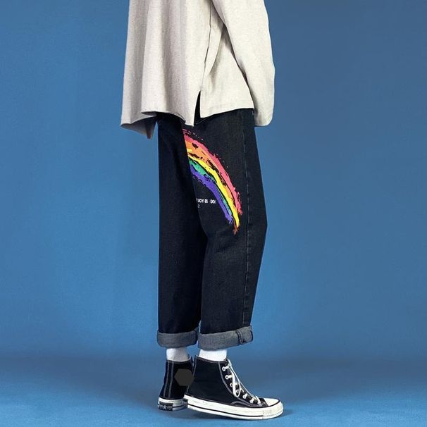 Women's Clothing High Street Printed Newspaper Jeans Women's Summer High Waist Slim Straight Loose Wide Leg Trousers_mkmklike.com