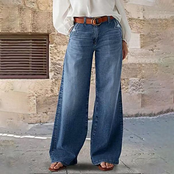 "Women's Slim-Fit Wide-Leg Pants - Navy Blue Stretch Denim For Casual & Office (S-XXL)"_mkmklike.com