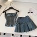 Retro Denim Strapless Vest And Pleated Skirt Two-Piece Set For Women Slim Fit Summer Outfit Youthful And Flattering_mkmklike.com