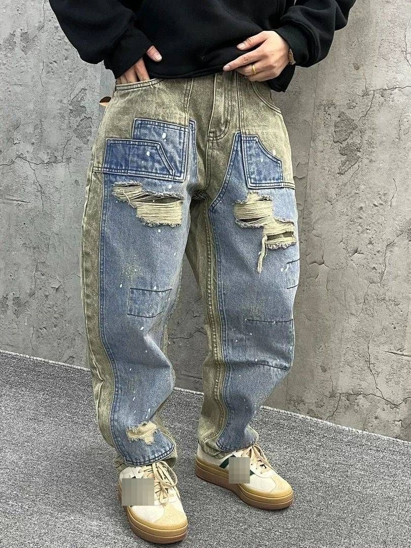 Men's Trendy Heavyweight Washed Patchwork Distressed Jeans Retro American Loose Fit Paint Ripped Harem Workwear Logging Pants_mkmklike.com