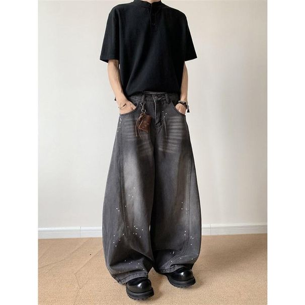 Pulse American Retro INS Washed Ink Splash Jeans For Men Summer Niche Vintage Loose Casual Wide-Leg Scimitar Pants_mkmklike.com
