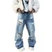Men's Washed Ripped And Distressed Slightly Flared Jeans Casual High Street Trendy Floor Length Trousers_mkmklike.com