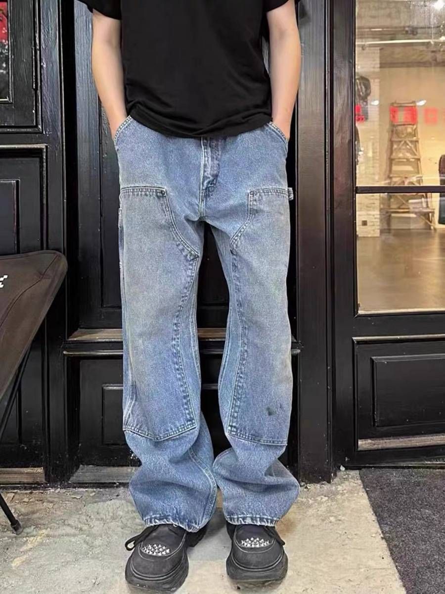 Men's Clothing Washed Jeans Cleanfit Workwear Loose Straight Logging Pants_mkmklike.com