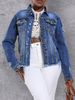 Women's Distressed Denim Jacket With Frayed Hem, Slim Fit Long Sleeve Vintage Coat, High Cotton Content (90%-95%) For Streetwear & Casual Style_mkmklike.com