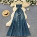 Vintage French Style Square Neck Halter Denim Dress - Elegant Backless Midi Dress With Single Row Buttons For Women_mkmklike.com