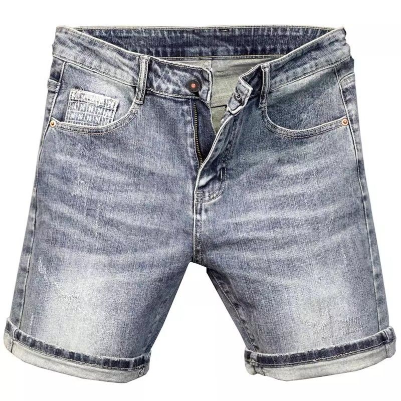Men's Distressed Denim Shorts Straight Leg Mid-Length Five Pocket Summer Style High End Trendy Pants_mkmklike.com
