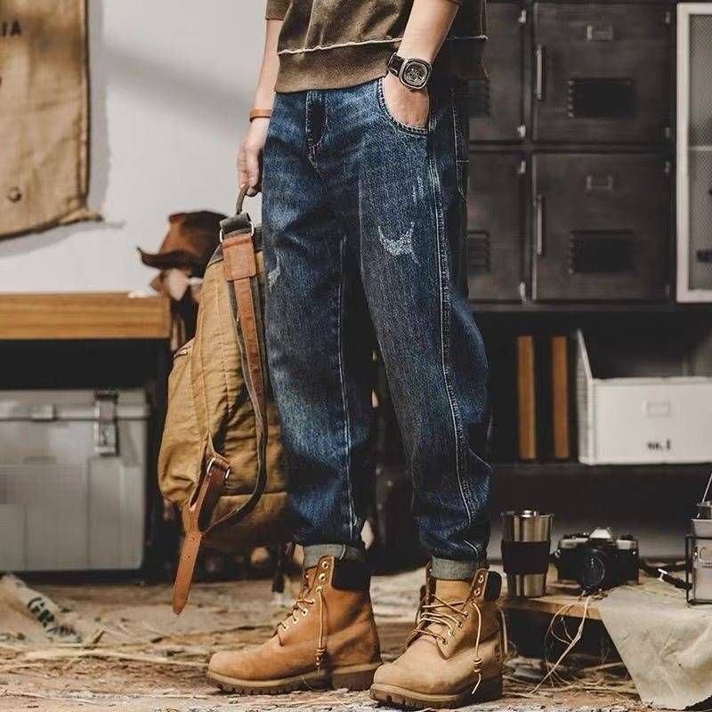 Slim Fit Stretch Denim Jeans For Men - Classic Blue Straight Leg Casual Trousers With Multiple Pockets, Comfortable Cotton Fabric For Daily Wear_mkmklike.com