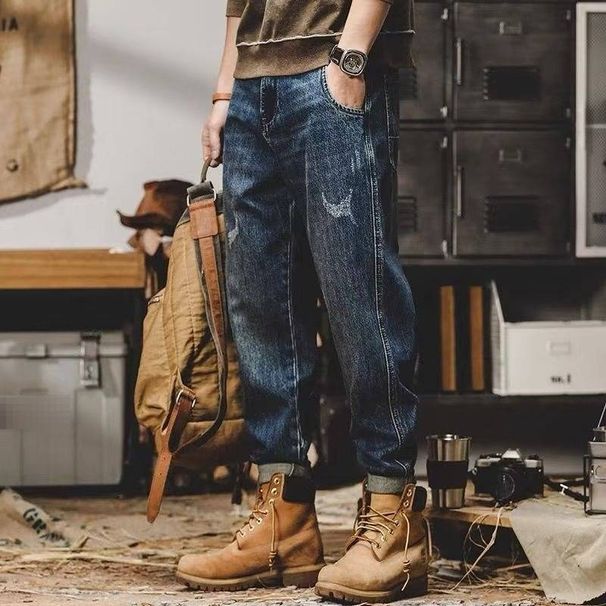 Slim Fit Stretch Denim Jeans For Men - Classic Blue Straight Leg Casual Trousers With Multiple Pockets, Comfortable Cotton Fabric For Daily Wear_mkmklike.com