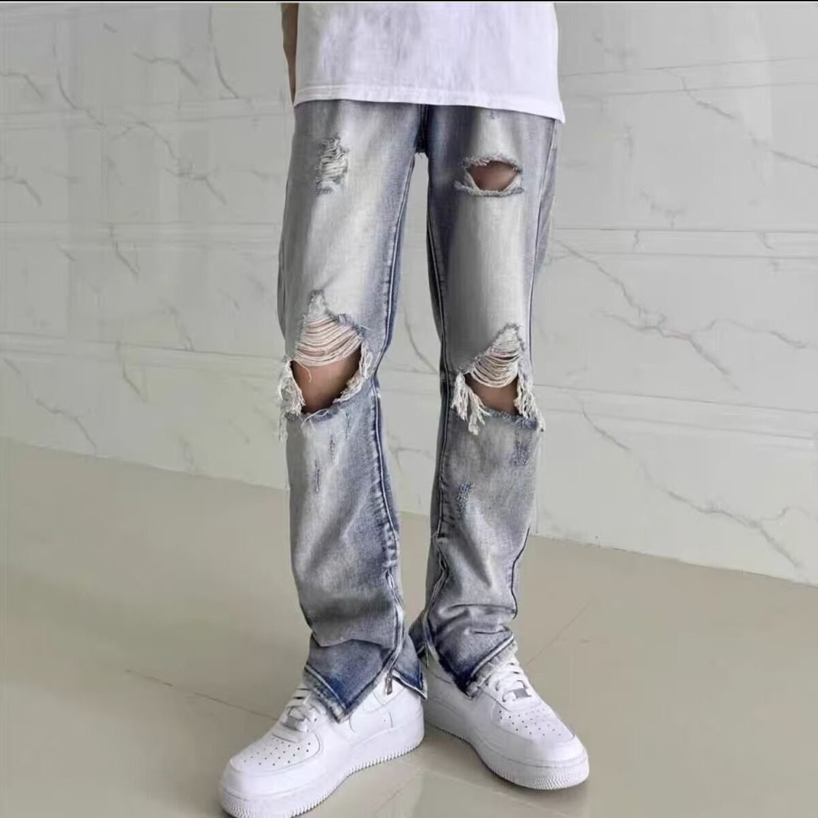 Men's High-Rise Vibe Style Ripped Zipper Jeans Hip Hop Distressed Simple Denim High Street Feel Summer_mkmklike.com
