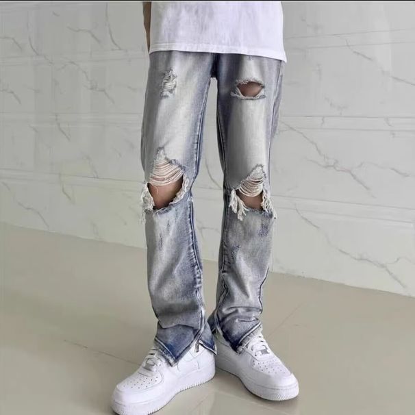 Men's High-Rise Vibe Style Ripped Zipper Jeans Hip Hop Distressed Simple Denim High Street Feel Summer_mkmklike.com