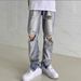 Men's High-Rise Vibe Style Ripped Zipper Jeans Hip Hop Distressed Simple Denim High Street Feel Summer_mkmklike.com