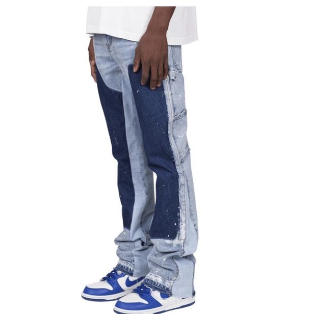 Men's Clothing Fashion Versatile Men's Denim Workwear Elastic Patch Laminated Flared Denim Straight Trousers_mkmklike.com