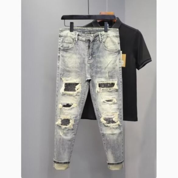 Ink Splash Distresse Nine-point Jeans For Men Slim Fit Skinny Stretch Rippe Patche Cool Street Style Personality_mkmklike.com