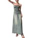 JWUNIQUE Blue Strapless Dress For Women's Summer New Slim Fit Denim A-Line Long Skirt_mkmklike.com