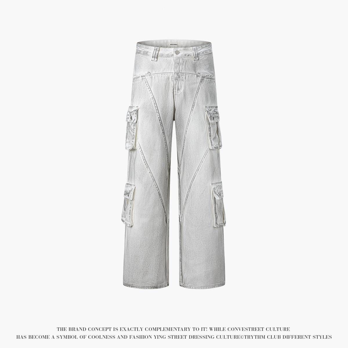 Men's Clothing Dirty And Old Retro Street Fashion High Street Loose Multi Pocket Decoration Personality Jeans Trousers_mkmklike.com