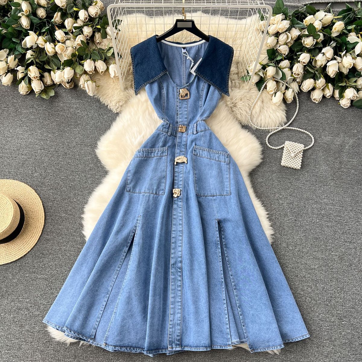 Large Lapel Sleeveless Vest Dress Female Scheming Hollow Exposed Waist Slim Long Retro Denim Dress_mkmklike.com