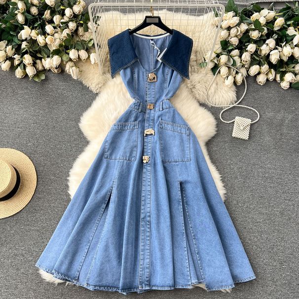 Large Lapel Sleeveless Vest Dress Female Scheming Hollow Exposed Waist Slim Long Retro Denim Dress_mkmklike.com