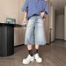 High Street Distressed Denim Shorts Men's & Women's Washed Wide-Leg Cargo Pants Cat Whisker Details_mkmklike.com