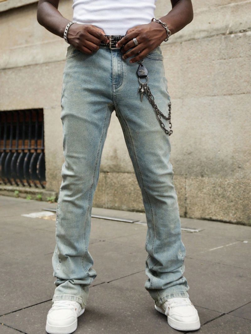 Men's Vintage Distressed Flared Jeans | Retro High Street Style With Chain Detail | Slim Straight Fit For Urban Fashion_mkmklike.com