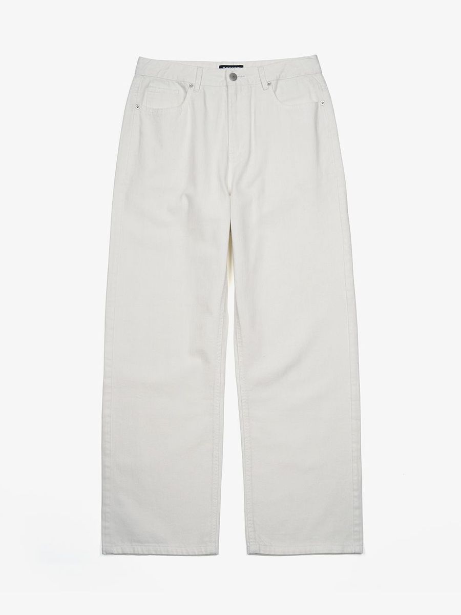 White Cotton Loose Simple Sle Korean Single Jeans Casual Straight Leg Mid Waist For Men Women Youth And Adults_mkmklike.com