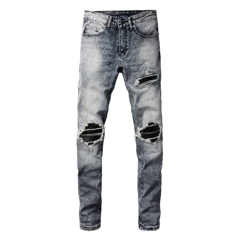 American Retro Jeans, Men's Trend, Pu Leather Ripped Patch Slimming Men's Pants, Fashionable Long Pants_mkmklike.com