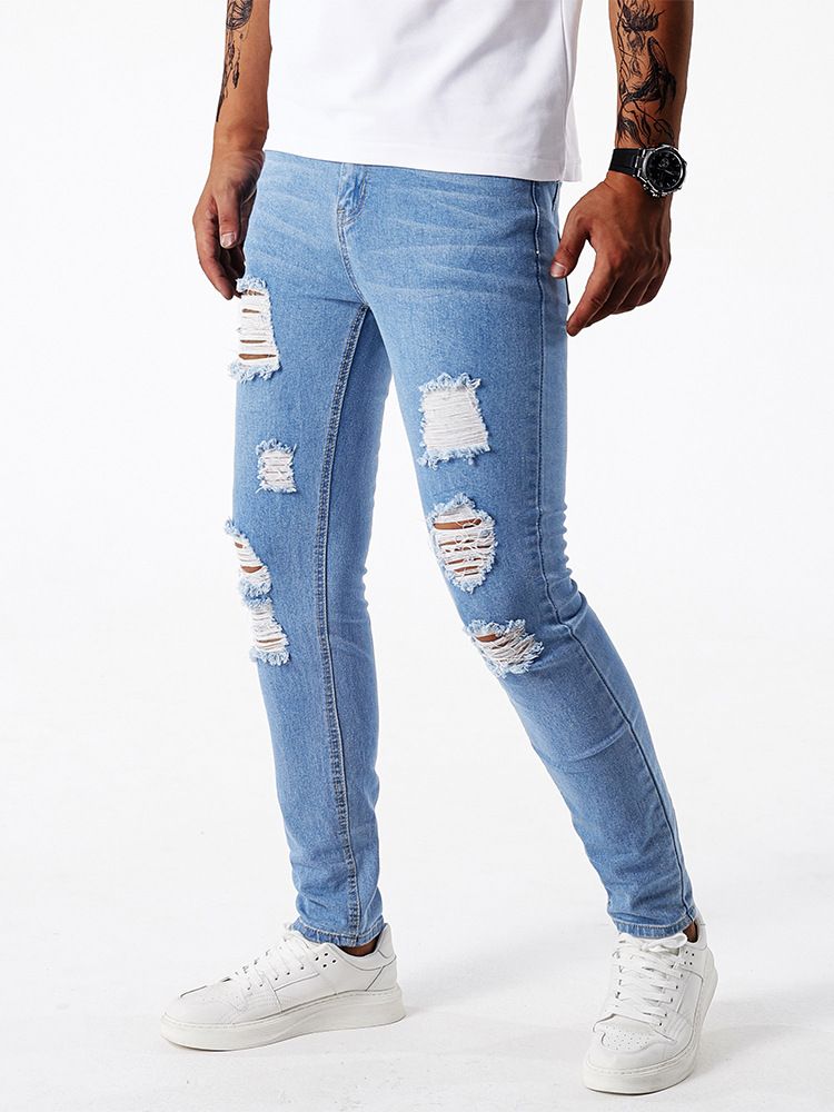 Men's American Style Stretch Denim Jeans With Ripped Details Light Blue Casual Trousers Comfortable Fit_mkmklike.com