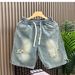 Men's Trendy Brand Washed Ripped Denim Shorts Elastic Waist Five Point Loose Straight Leg Japanese Style Summer Mid Length Pants_mkmklike.com