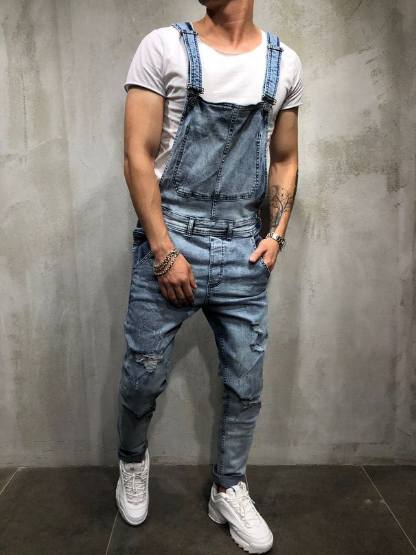 Men's Clothing Fashion Men's Strappy Denim Rompers Ripped Jeans Trousers Trendy Pop Work Clothes_mkmklike.com