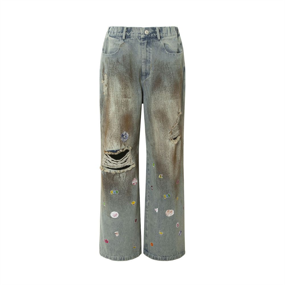 Post-apocalyptic Distressed Dirty Jeans Long Trendy Punk Design Fun Cartoon Print Loose Wide-leg Pants For Men_mkmklike.com