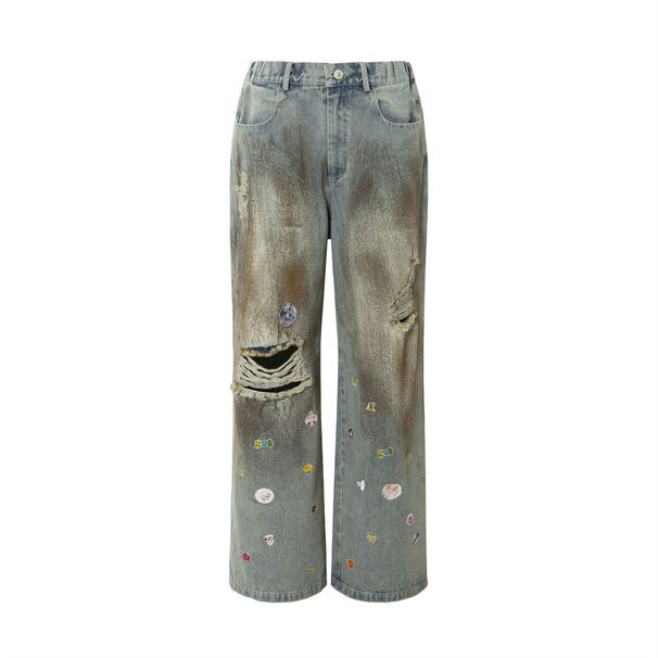 Post-apocalyptic Distressed Dirty Jeans Long Trendy Punk Design Fun Cartoon Print Loose Wide-leg Pants For Men_mkmklike.com