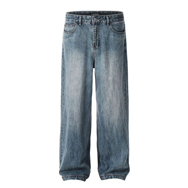 Vintage Blue Straight Leg Jeans For Men & Women - High Waist Relaxed Fit Clean Aesthetic Casual Trousers_mkmklike.com