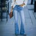 Vintage Light Blue Distressed Denim Flare Pants For Women - High Waist Stretchy Bootcut Jeans With Raw Hem - Retro 70s Style_mkmklike.com