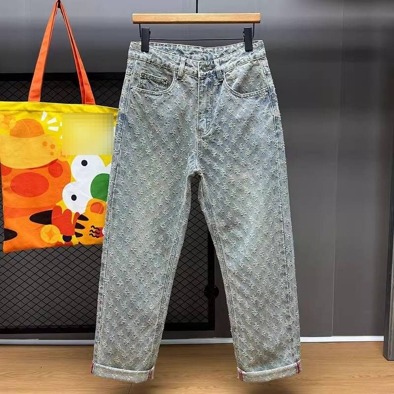 Men's Casual Loose Fit Blue Washed Denim Jeans With Retro Floral Embroidery - Straight Leg Comfortable Trousers For Everyday Wear_mkmklike.com