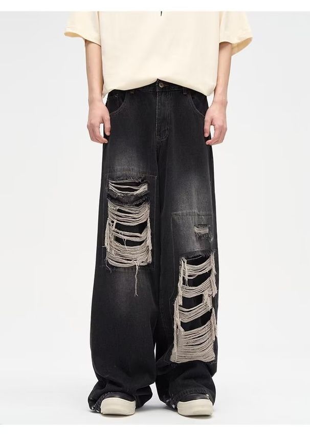 Retro Ripped Jeans For Men, Summer Wash, Distressed, Loose Fit, Wide Leg, Straight Leg, Floor-length, Trendy High-street Style._mkmklike.com