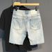 Perforated Denim Light Colored Five Piece Trendy And Versatile, Men's Loose Brimmed Shorts, Horse Beggar P, Summer_mkmklike.com