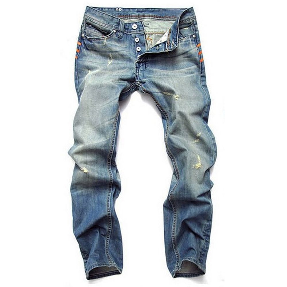 Men's Clothing Men's Wear Ripped Jeans Light Blue Straight Slim Button Men's European And American Jeans_mkmklike.com