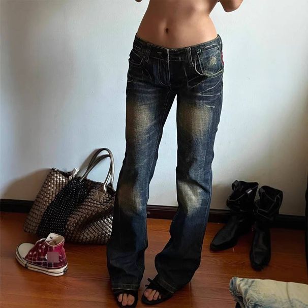 Vintage Low-Rise Distressed Jeans For Women - Y2k Style With Heavy Embroidery, Baggy & Long Straight Leg Denim Pants_mkmklike.com
